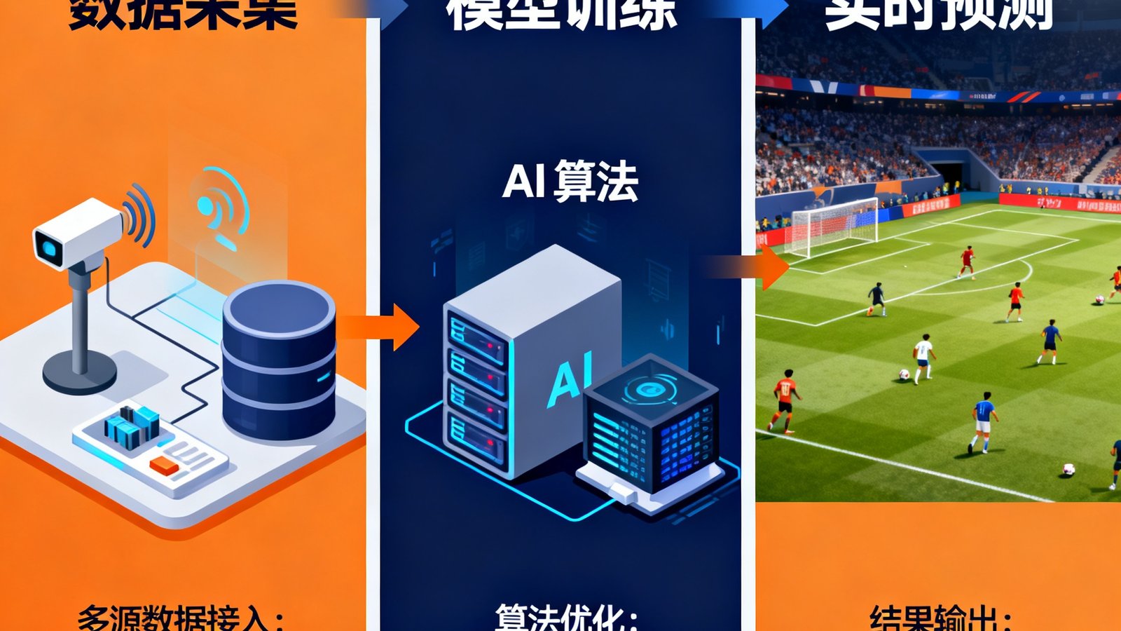 开云APP技术团队发布的AI赛事分析引擎技术原理示意图，以信息图表形式展示数据采集、模型训练、实时预测三个核心模块的工作流程，配色采用深蓝与橙色对比