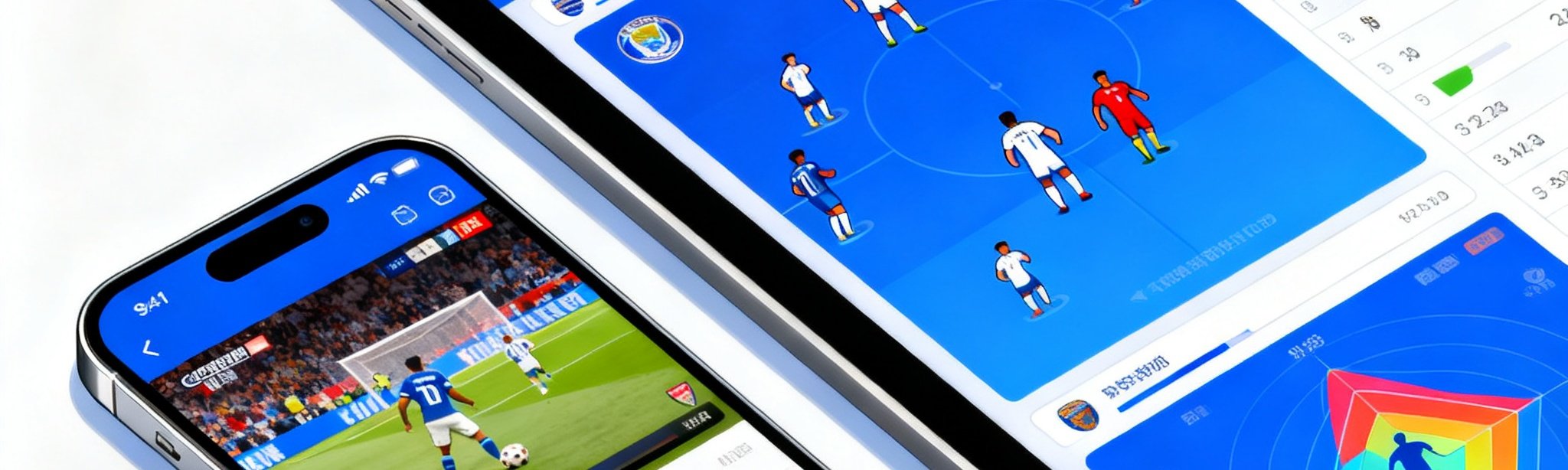 开云APP多端同步使用场景展示，一部手机与一台平板电脑并排放置，手机屏幕显示赛事直播画面，平板展示详细的球队数据分析和球员热力图，体现跨设备无缝切换的使用体验